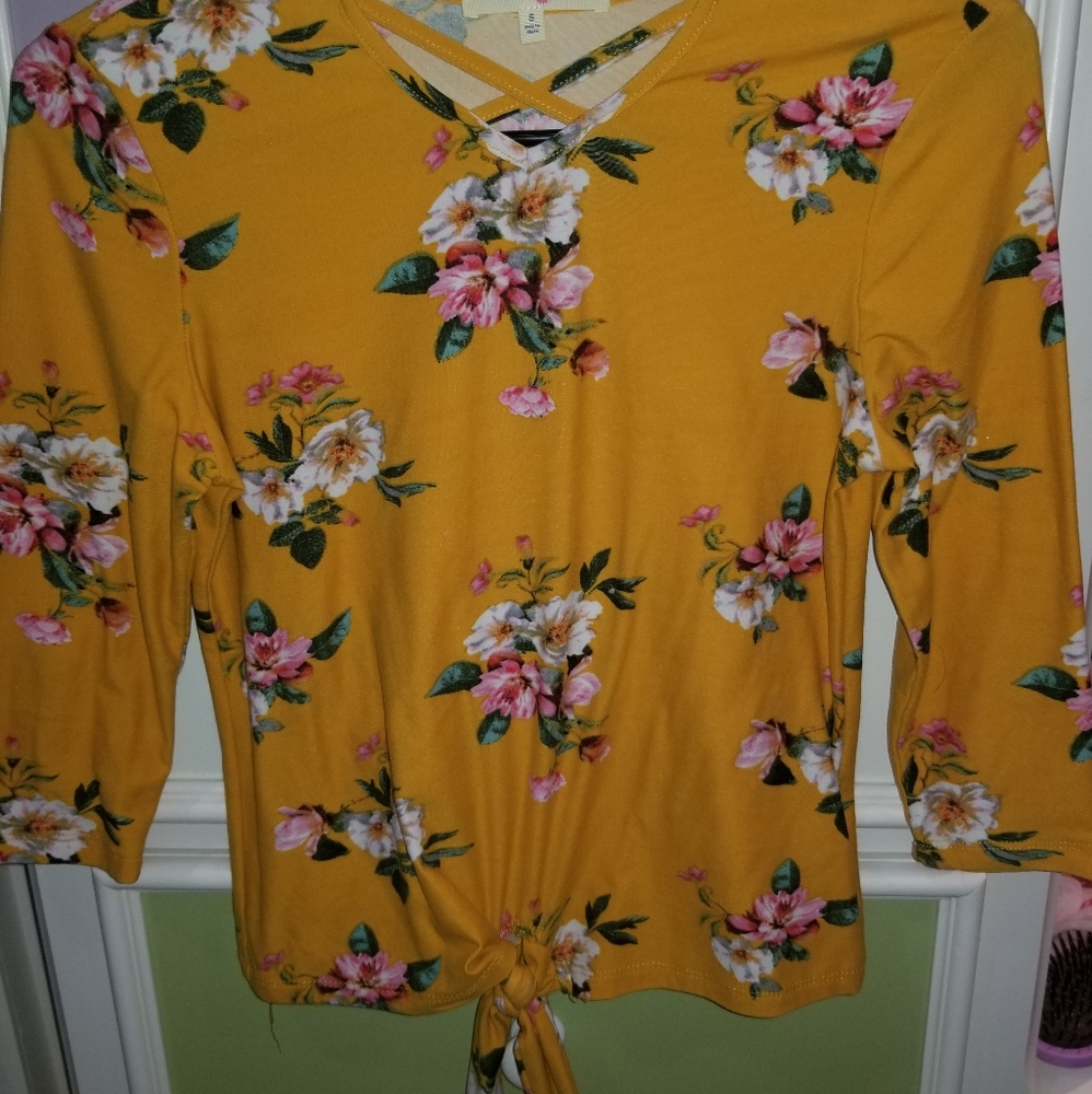 Mustard floral top with ties at bottom